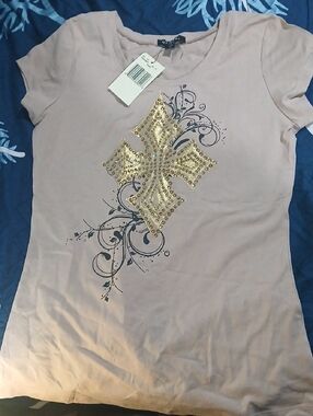 Guess Women's Short Sleeve Tee with Gold Studded Cross on Light Pink